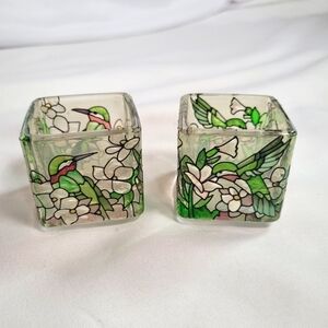 Joan Baker Designs Frosted Hand Painted Hummingbird Glass Votive Candle Holders